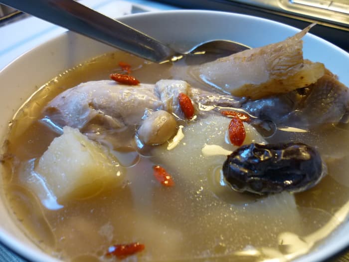 with dried Gastrodia Elata, Chinese Yams, Dried Jujube Fruit, Peanuts, Red Kidney Beans and Dried Wolfberry.