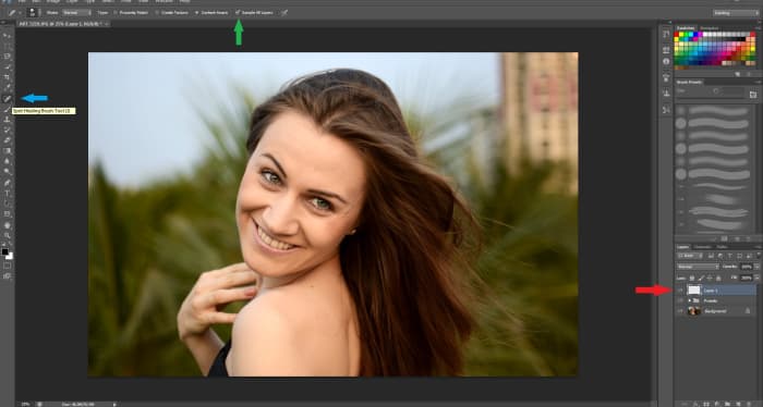 Red: Your new layer Green: Make sure the box "Sample all layers" is marked Blue: Choose Spot Healing Brush Tool