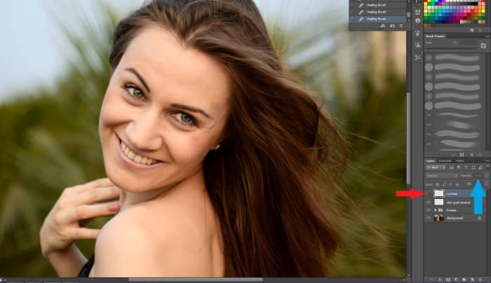 ...and before. Red: To make the earlier status visible you simply click on the eye symbol of your current layer. When the eye is not shown your layer is not visible. Like this you can easily compare the before and after results of your retouch.