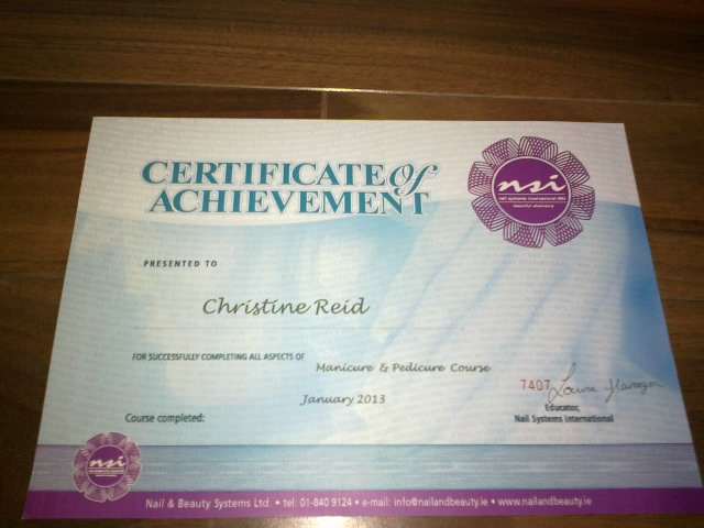 Certificate of Achievement on completion of the Manicure and Pedicure course. A good start for anyone wishing to pursue a career in the nail industry or open your own nail salon.
