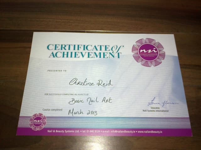 Certificate of achievement on completion of the Basic Nail Art course. Preform interesting nail art at your nail salon with nail beauty treatments.