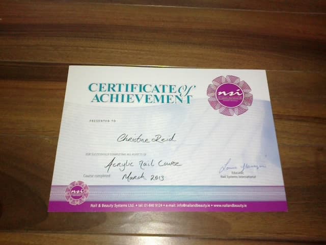 Certificate of achievement on completion of the Acrylic Nail course. A good start for anyone wishing to work in the nail industry or open your own nail salon one day.