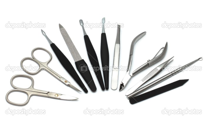 Your implements needed for manicure and pedicure range from manicure trolley, nail scissors, cuticle nippers, files, cuticle creams, cuticle remover, base coat, nail polish and top coat. A professional appearance at all times is important in the nail