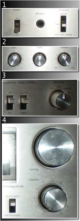 The Technics SA-202 Front Panel Features 1.) Power, headphones jack and speaker selection. 2) Bass, treble and balance controls. 3.)Loudness, tape monitor and input selector. 4.) FM tuning mode, tuner, and volume.