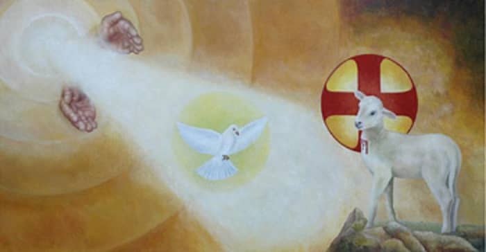 God the Father is depicted by the hands, God the Holy Spirit is depicted by the dove, and God the Son is depicted by the lamb.