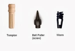 Fig. 14: From the left: the Tompion, to keep moisture out of the barrel, and two Rammer Attachments: The Ball Puller, to screw into the Minie Ball and remove it from the barrel, and The Wiper (not Worm), to work loose any debris in the barrel