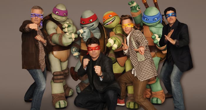 The main cast of the TMNT 2012 show (Rob Paulsen, Sean Astin, Greg Cipes, and Jason Biggs)