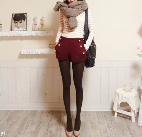 Shorts, Tights, Opaque Tights, Maroon, Gold, Gold Buttons, Nude Pumps, Big Scarf, Stripes, Vintage, Fashion, Fashion Forward, Fall, Winter