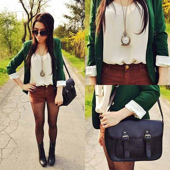Emerald Blazer, Professional, Fashion, Fashion Forward, Fall, Winter, Corduroy Shorts, Printed Tights, Polka-dot Tights, Boots