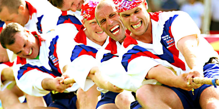 British Bronze medalists at the World Games in 2009. Anyone who doubts that tug of war can be a tough, physically demanding sport, only has to look at the expressions on the faces. In some sports, Olympic Gold can be won with less determination