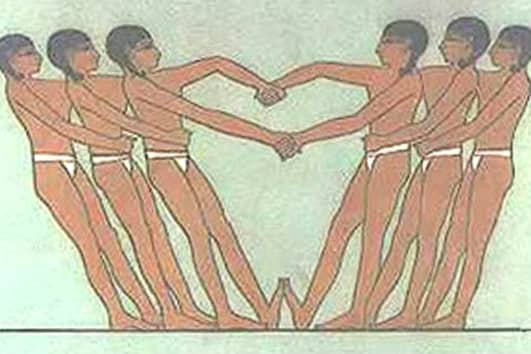 This picture shows artwork from an ancient tomb at Saqqara, Egypt. It depicts two teams of three men believed to be engaged in a ropeless version of tug of war