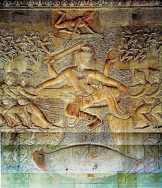 This bas-relief sculpture from Angkor Wat in Cambodia shows the God Vishnu. On either side are two rival groups of minor deities, the Asuras and the Devas, engaged in a battle, tugging on a long pole