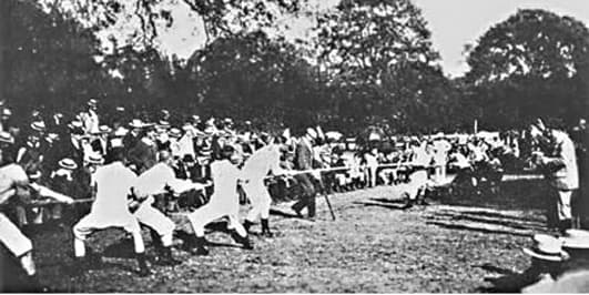 The historic first ever Olympic tug of war. A joint team from Denmark and Sweden pull against the French team in Paris in the year 1900