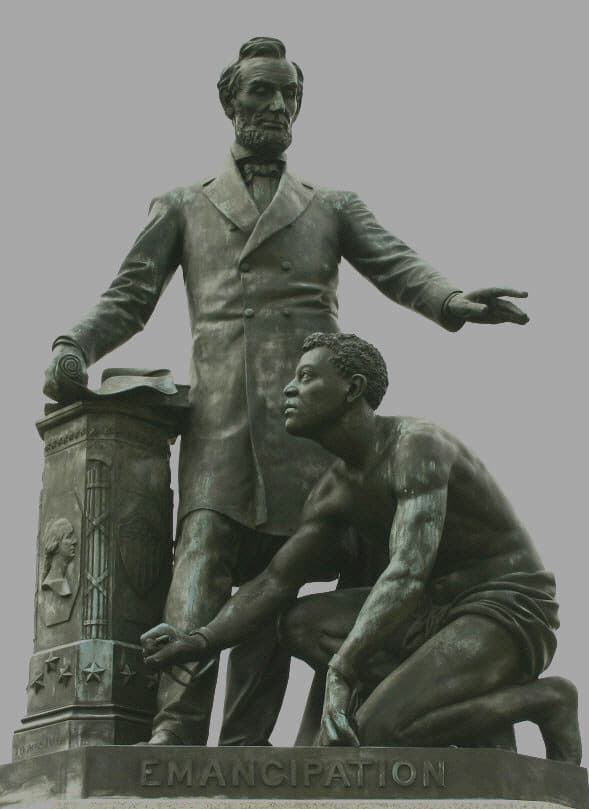 Freedman's monument, first statue made in honor of Lincoln, the idea of a freed slave after hearing of Lincoln's assassination. The statue is also the first depiction of a prominent African-American, Archer Alexander, last slave to be captured.