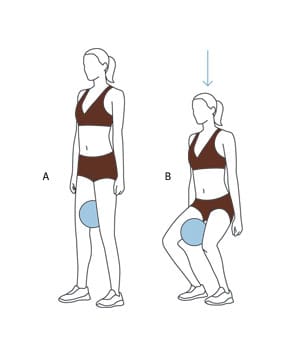 diagram of a squat with adduction to engage the leg muscles including the VMO or the teardrop muscle