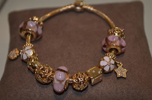 Color Themed Design Necklace for Pandora Style Charms shown here in gold and pink