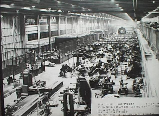 B-24 Manufacturing Plant at Consolidated in San Diego. View of assembly line. They were also made by Ford at their Willow Run Plant in Michigan. Consolidated also had a plant in Texas.