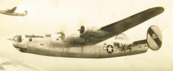 The aircraft (42-50611) flown by Bowman and Crew 914 on Mission 22, July 24, 1944 to St. Lo, France. The A/C was known as "Bold Venture II."