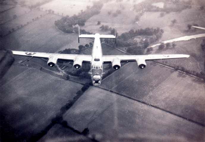 The Bowman B-24 Liberator in flight to England from New Mexico April 1944. Photo source of Bob Garrett, son of Bowman crew radio operator Howard Garrett.