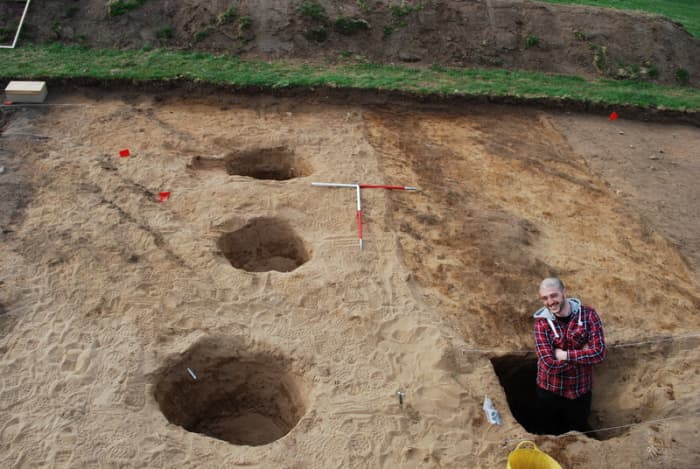 This is an archaeological dig in the village of Rhynie, Scotland, showing Pict drawings.
