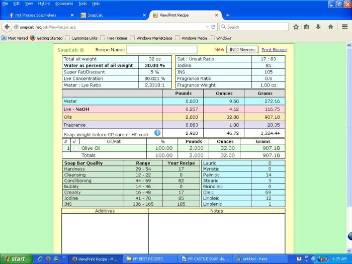 This is a screenshot giving details of this recipe, provided by SoapCalc.com, a popular online lye calculator.