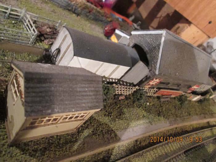 Overlooking the platform signal cabin to the goods shed with a British Railways built fish van in the doorway (Parkside kit PC52 with Fox transfers lettering and numbering) 2