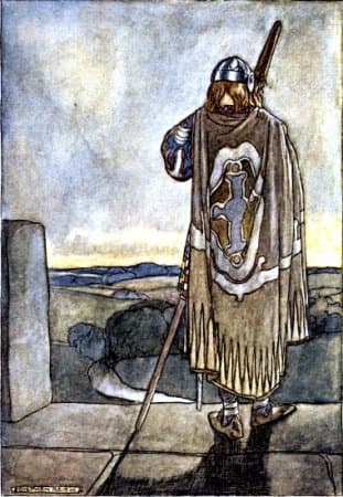 Illustration from The High Deeds of Finn and other Bardic Romances of Ancient Ireland, showing the young hero Finn about to confront a malevolent fairy on Samhain Eve.