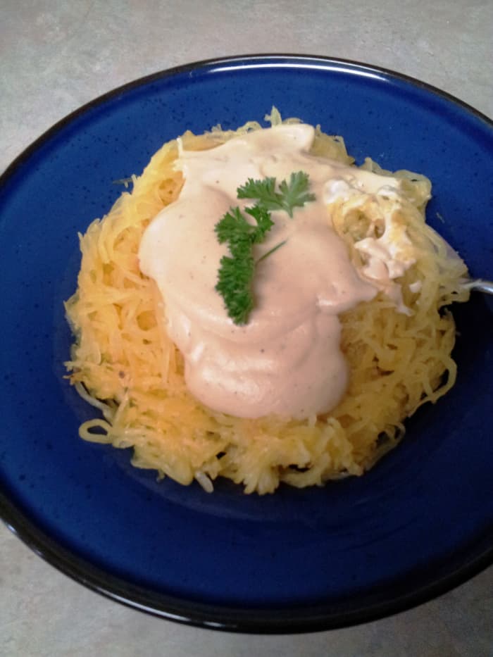 Spaghetti Squash with Garlicky Cashew Alfredo Sauce - vegan, gluten-free - easy and delicious!