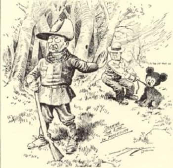 Cartoon from 1902 showing President Theodore Roosevelt and the bear. Artist: Clifford Kennedy Berryman (1869–1949)
