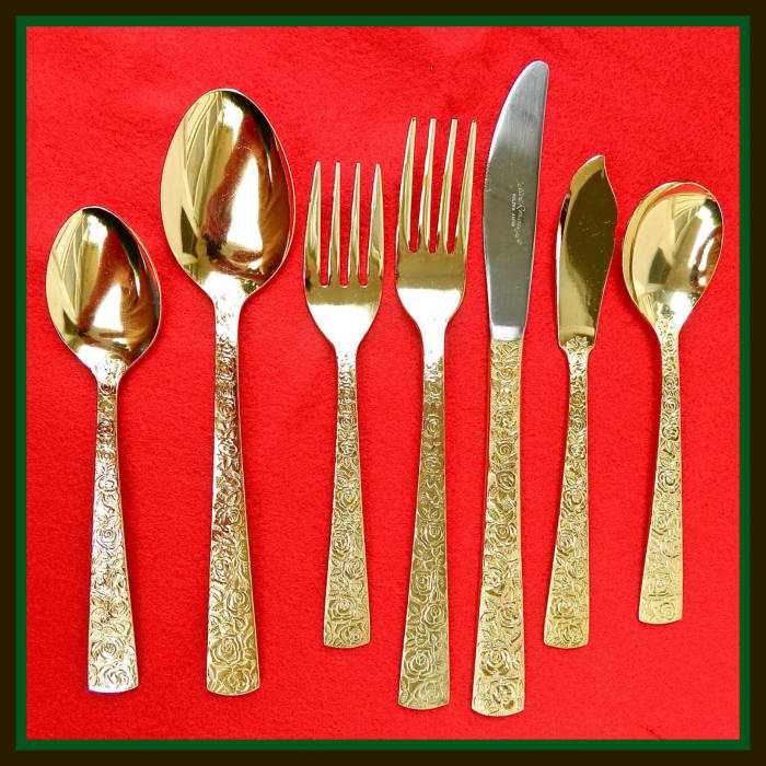 For a real celebration one needs to use Cellini, Romanesque Pattern Electroplate Golden Flatware made in Japan. It is delicate, rich, and leaves a nice tasteful impression for your guest.