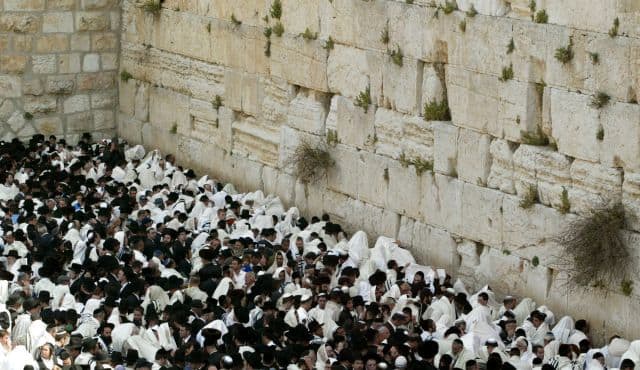 Large Gathering of Jews Praying at the Western Wall in Jerusalem's Old City on Rosh Hashanah Holy Day
