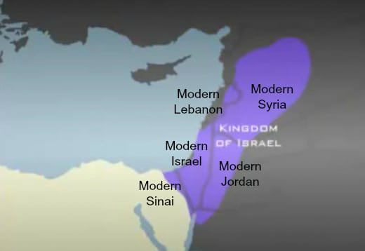Boundaries of Kingdom of Israel Map, 1000 BCE, under King David, Overlaid on Modern Boundaries of Egypt, Israel, Saudi Arabia, Jordan, Syria and Lebanon