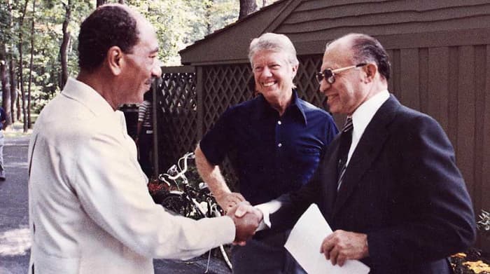 Egyptian President Anwar Sadat, U.S. President Jimmy Carter and Israeli Prime Minister Menachem Begin at Camp David, Maryland, 1978