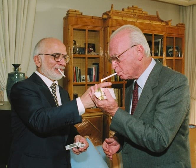 Jordan King Hussein I Entertains Israel Prime Minister Rabin at His Royal Residence in Aqaba, Jordan, after Peace Treaty Signing Ceremony in Jordan on October 26, 1994