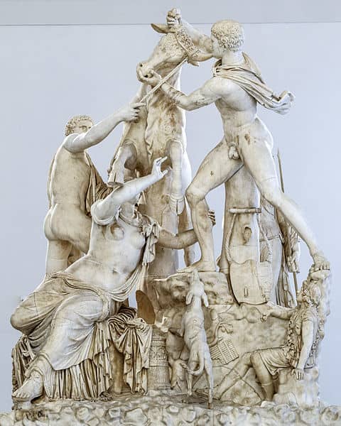 The Farnese Bull, hellenistic sculpture, dated III century b. c. , Naples Archaeological Museum. Michelangelo had projected to make a fountain of it for the courtyard of Palazzo Farnese in Rome