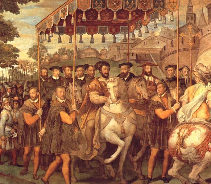Taddeo Zuccari, Palace of Caprarola (a. 1560), The Emperor Charles V, Francis I of France, and the cardinal Alessandro Farnese enter in Paris in 1540