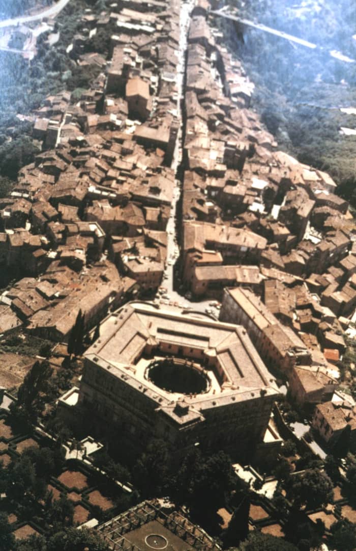 Aerial View of the Palazzo Farnese in Caprarola - The picture shows clearly the circular shape of the court and the panoramic street opened by the cardinal Alessandro (the Younger)