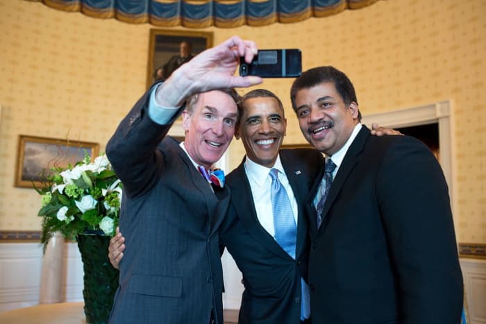 President Barack Obama poses for a selfie with Bill Nye "The Science Guy," left, and Neil DeGrasse Tyson in the Blue Room prior to the White House Student Film Festival, Feb. 28, 2014. (official White House photo by Pete Souza)