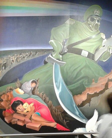 Thousands of oblivious air travelers walk by these sinister murals in the Denver International Airport every day.