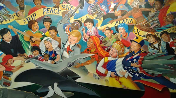 This mural is supposed to depict a German boy beating the swords of all the peoples of the world into plowshares, but I find the Nazi connections a stretch.