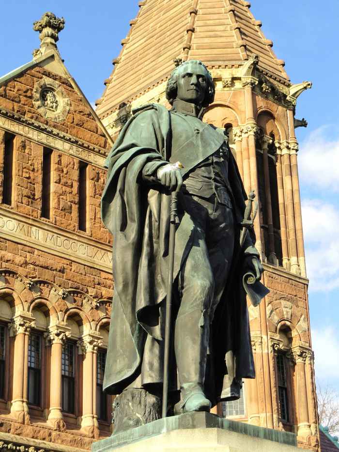 Statue of Sir Benjamin Thompson, Count of Rumford, installed in 1900, Woburn Public Library, Woburn, MA (his birthplace).