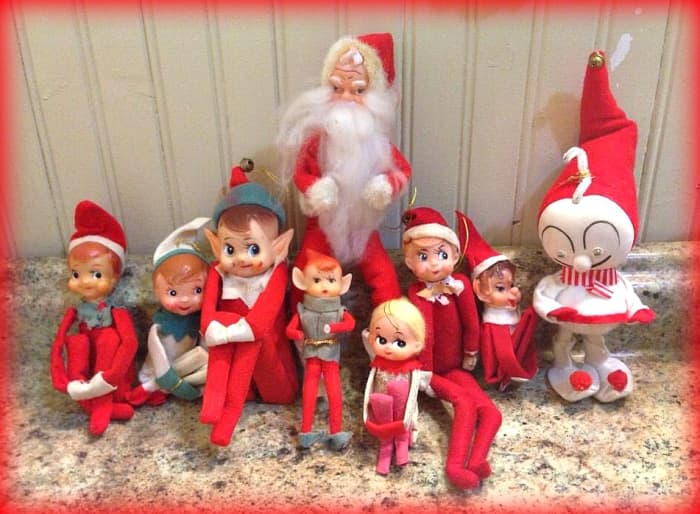 It is fun to mix and match the Knee Hugger Elf's with other Christmas figure from the same era. Makes for great photos and center pieces for a holiday table.