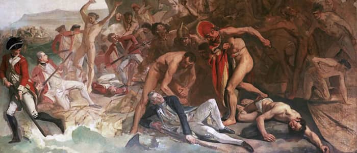 Cook meets his end - a romanticised view of the killing scene. He was on the rocks in the sea when he was clubbed for the last time