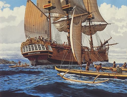 Resolution is greeted by Hawaiian canoes in mid-January 1779 as she nears her anchorage in Kealakekua Bay