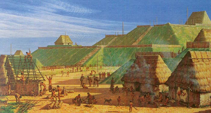 An artists depiction of what Cahokia would have looked like in its heyday, the population of this city was around 25,000 people near St. Louis, MO.