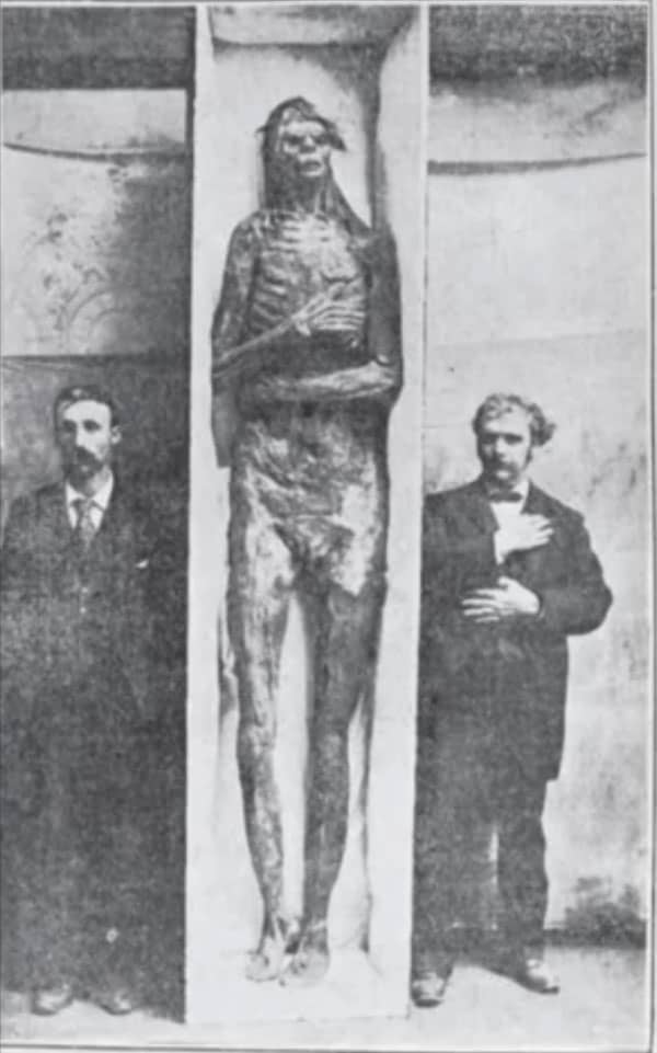 One of the better preserved and most photographed giants was found in a cave near San Diego, Cal., measuring almost 10 feet tall, near the turn of the 20th Century.