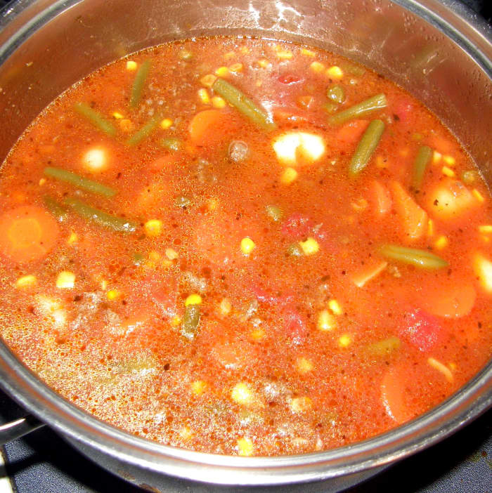 Add the broth. Gently stir together and let simmer for about 10 minutes. In a small bowl, combine the flour with 2 Tbsp. of water until the flour is completely dissolved & then stir it into the stew. Cover & simmer on low for another 30 minutes (if