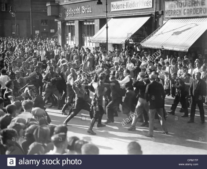 It was part of the job requirement for Brown Shirts to get into street battles with other gangs from rival political factions and communists. Force more than education was the main tool to ensure the Nazi view was the only view.