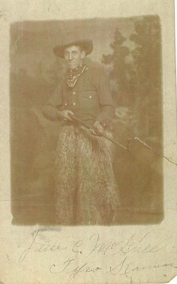 I can tell from comparing this to another photo in our family album that the "cowboy" here is indeed Jesse McGhee. I've included that photo for you to see for yourself.