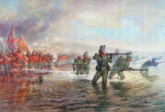 Battle of the Alma, Crimea 1854. 2nd Rifle Brigade leads the Light Division (Infantry) across the River Alma